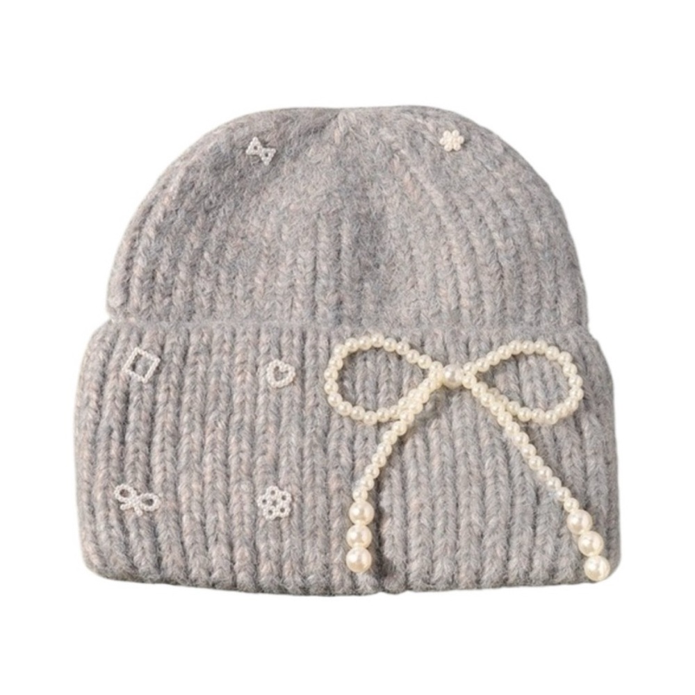 Grey Pearl Bow Knit Beanie NWT